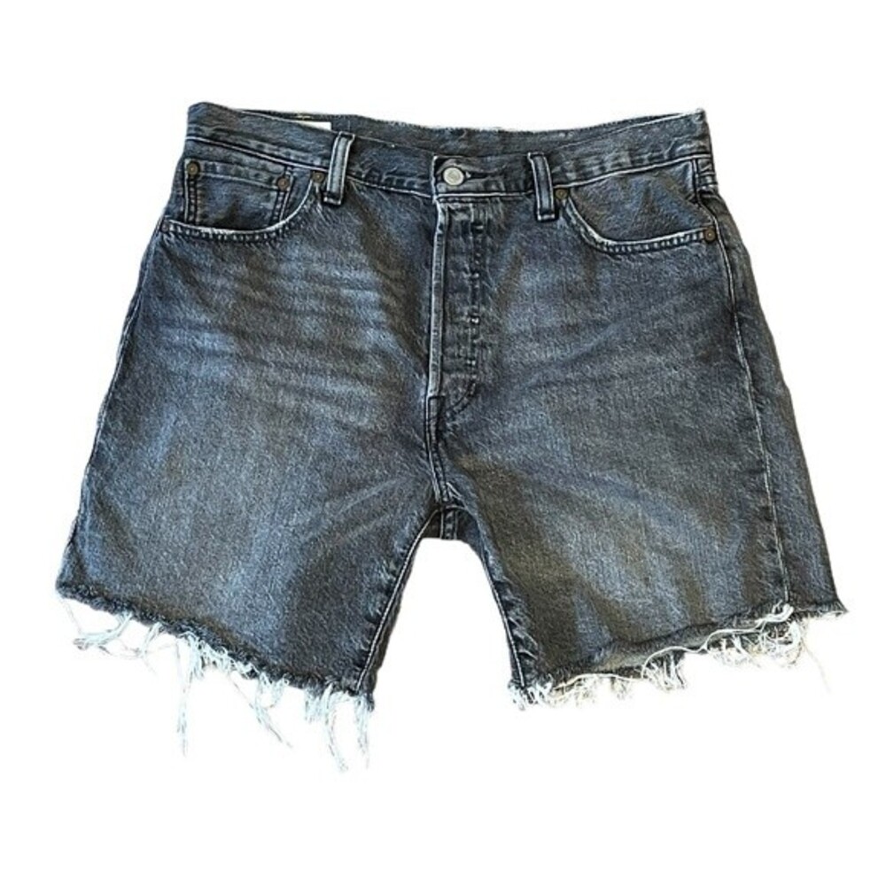 Levi's 501 Black Distressed Raw Hem Denim High Rise Jean Shorts Size 34
